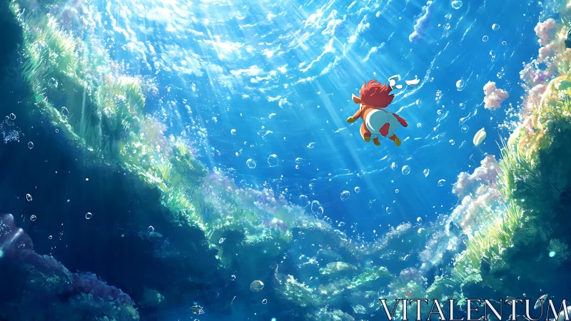 Small character swimming upward in sunlit underwater scene.