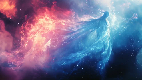 Nebular spirit silhouette divides warm and cool cosmic plasma