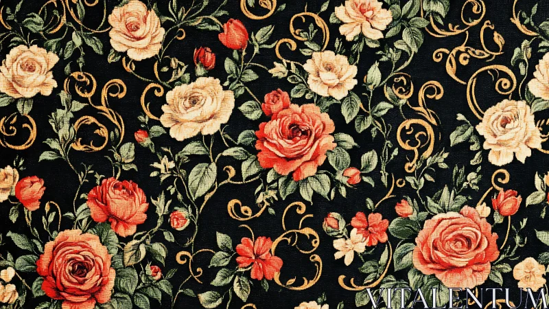 Ornate midnight rose tapestry with baroque golden curls.