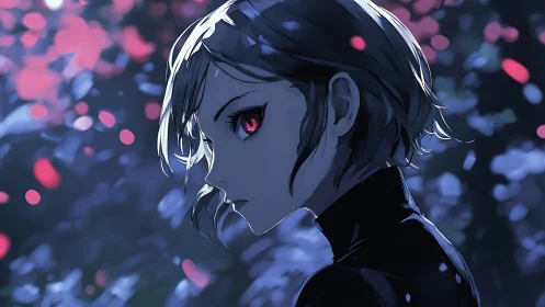 Side profile shows red eyed anime girl in dark forest