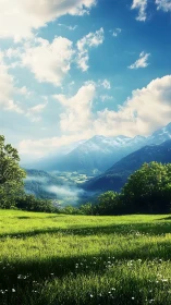 Sunlit alpine valley rendered in high-depth digital painting