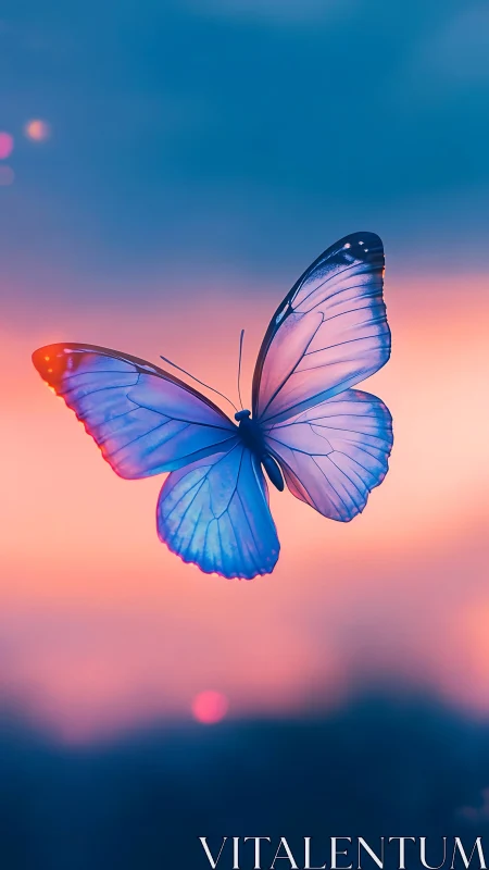 Iridescent blue butterfly glows against gradient sunset sky.