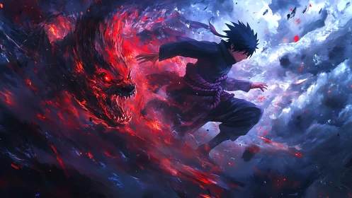 Dark warrior outruns blazing demon through storm clouds