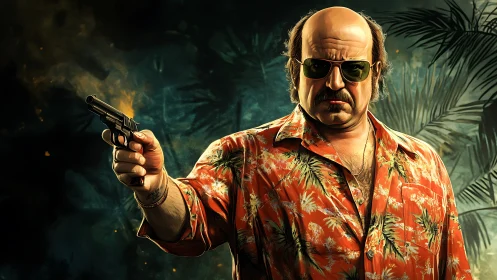 Middle-aged man in tropical shirt points handgun forward