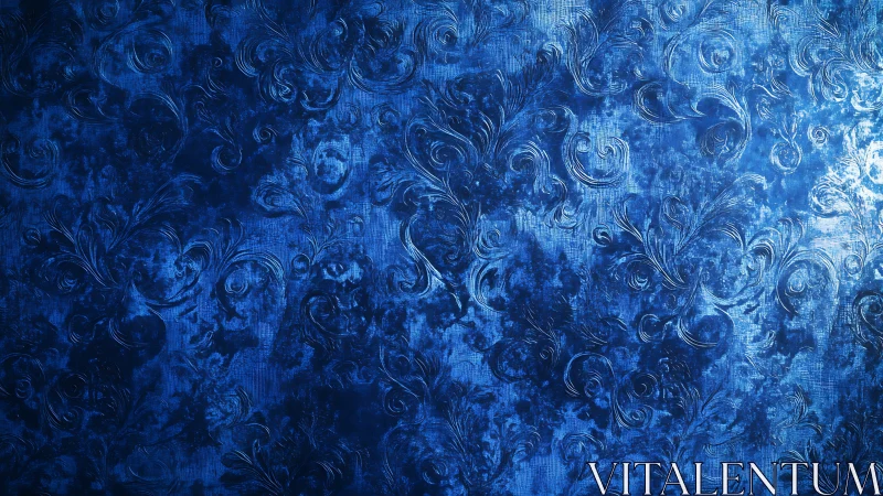Textured blue surface presents raised ornamental scroll pattern