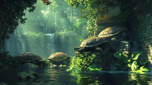 Giant turtles crossing emerald jungle ruins waterfall.