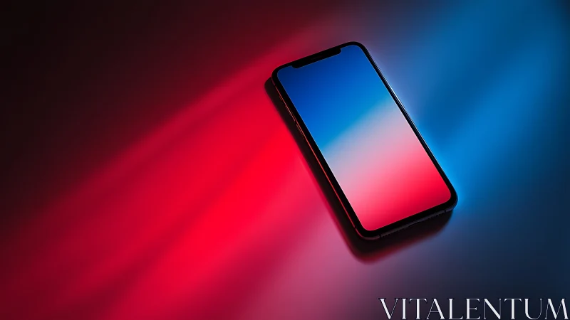 Modern smartphone with gradient display against neon lighting.