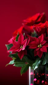 Red poinsettia flowers are arranged in a glass container