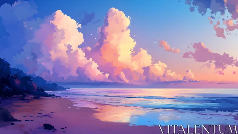 Sunlit cumulus clouds above tranquil painted shoreline.