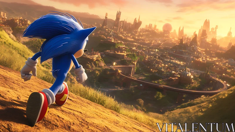 Blue speedster surveys a glowing techno city at sundown