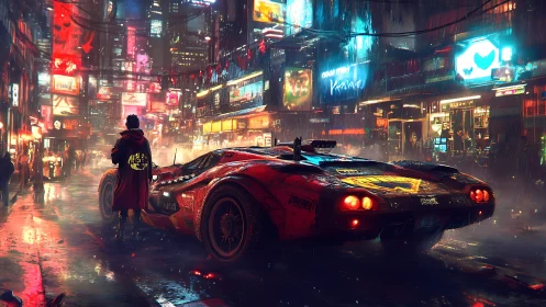 Cyberpunk street scene shows red sports car and lone figure