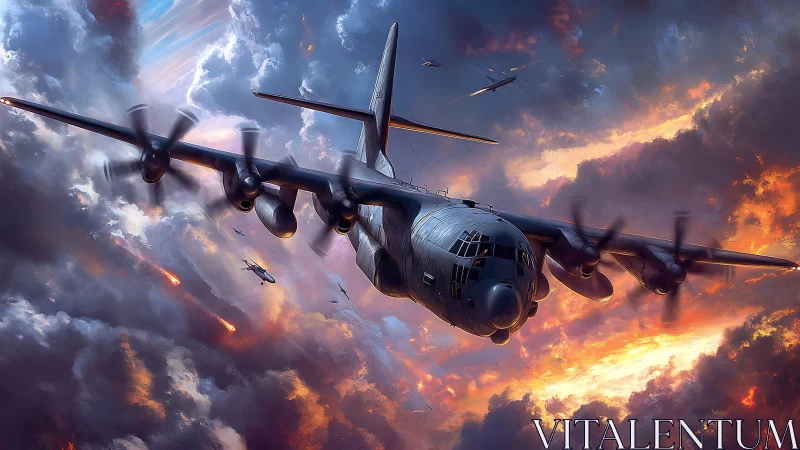 Tactical gunship aircraft storms burning cumulonimbus sky.