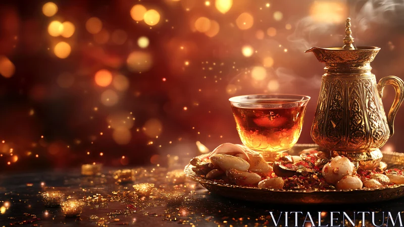 Ornate metal teapot, glass of tea and sweets on golden tray.