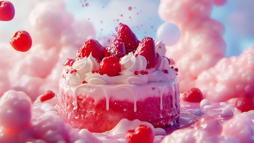 Red berries with cream frosting and floating fruit in surreal environment