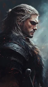 Warrior profile shows scarred face, fur cloak, and armor