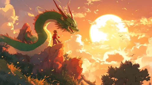 Sunlit mountain dragon coiled beside lone warrior sentinel.