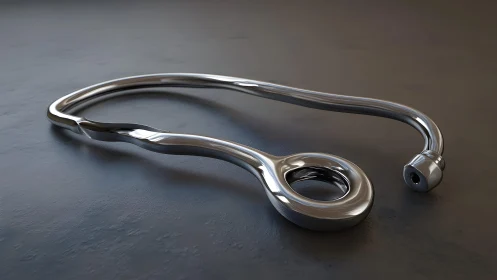 Futuristic metallic stethoscope on dark surface, 3D render style.