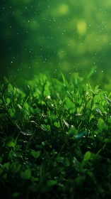 Close-up view of wet green grass and clover in soft focus.