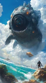 Gigantic airborne vessel over coastal city landscape.