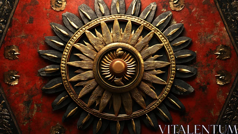 Golden sunburst medallion glowing over rich red canvas.