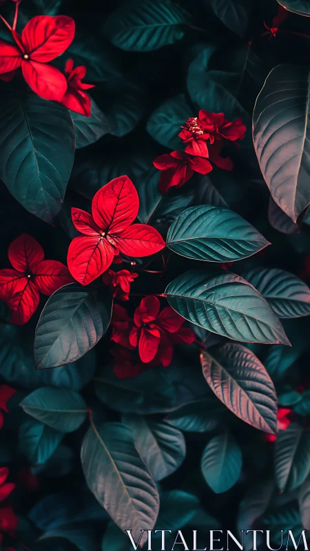Scarlet Poinsettia Cluster with Teal Foliage: Botanical Photography Study