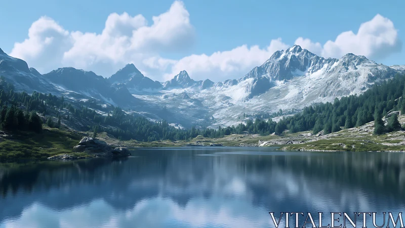 Snow covered mountain range reflected in calm lake surface.