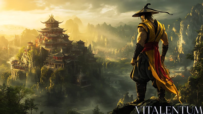 Warrior gazes over mist-lit mountain temple kingdom at dawn.