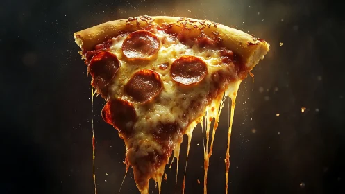 Golden pepperoni pizza slice with irresistible melty cheese.