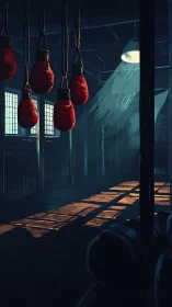 Red boxing gloves hanging in darkened industrial gym