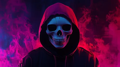 Hooded skull figure in neon pink and blue smoke glow.