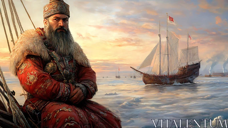 Bearded nobleman in red coat observes sailing ship at sea