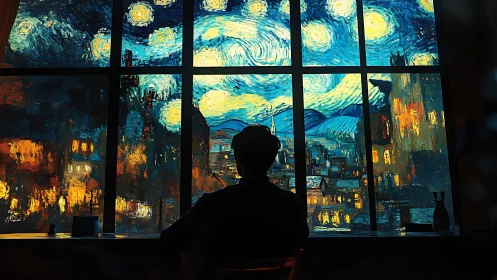 Silhouette watches starry city under swirling night sky