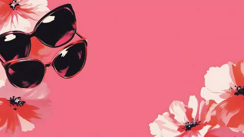 High-Fashion Sunglasses with Botanical Florals on Pink Background. Pop Art Composition