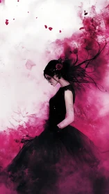 Solitary woman in black gown dissolves into magenta smoke