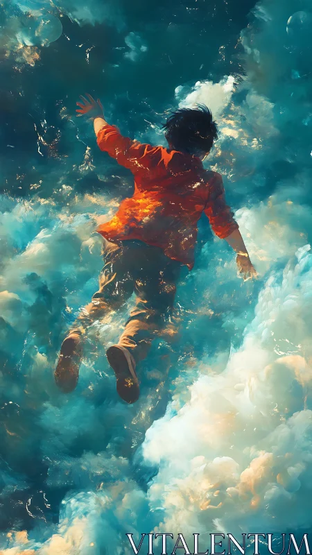 Boy drifting through luminous teal clouds in dreamscape.