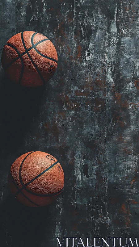 Two textured basketballs rest on dark distressed floor