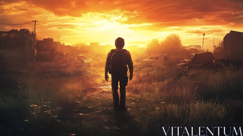 Silhouetted figure walks through overgrown street at sunset