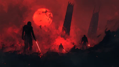 Crimson warriors beneath collapsing towers and burning sun.