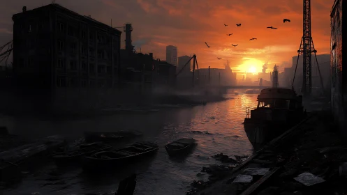 Industrial canal at apocalyptic sunset with derelict boats.