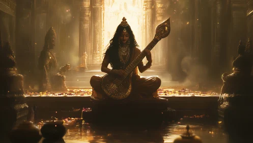 Divine musician seated in golden temple light, strings glowing.