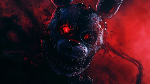 Corroded animatronic rabbit with red optical core exposed.