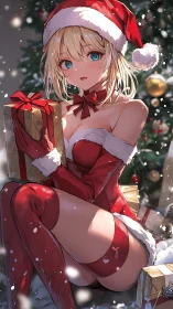 Blonde anime girl in revealing Santa outfit holds present