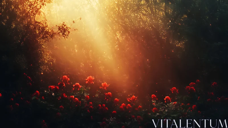 Sunlit crimson flowers beneath glowing forest canopy.
