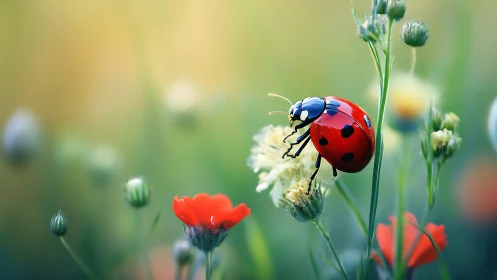 Macro study of glossy ladybug on wildflower stems in bloom.