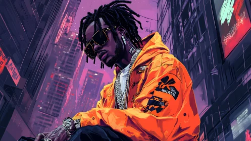 Neon city drapes a street king in electric orange swagger