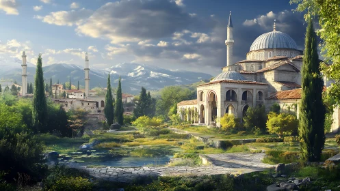 Mosque and gardens under mountains in bright daylight.