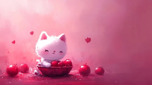 Adorable White Kitten Surrounded by Love and Red Hearts