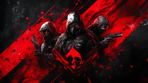 Hooded tactical trio with weapons on red black abstract field.