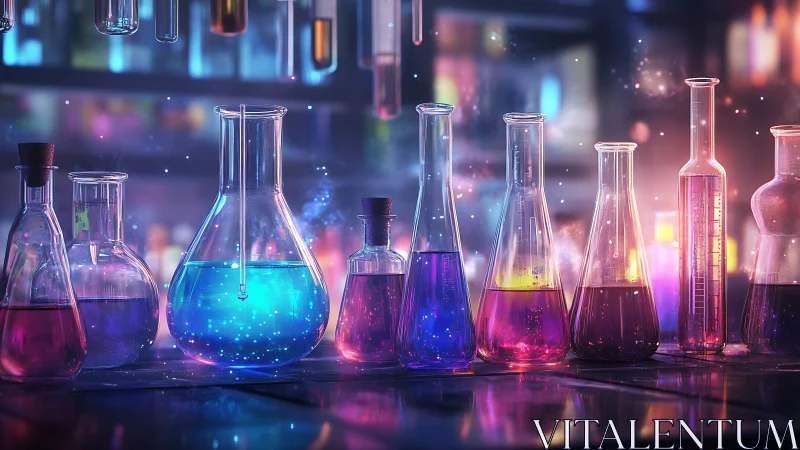 Luminous chemistry glassware with iridescent neon liquids.