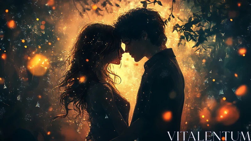 Two figures embrace in golden light with magical particles.